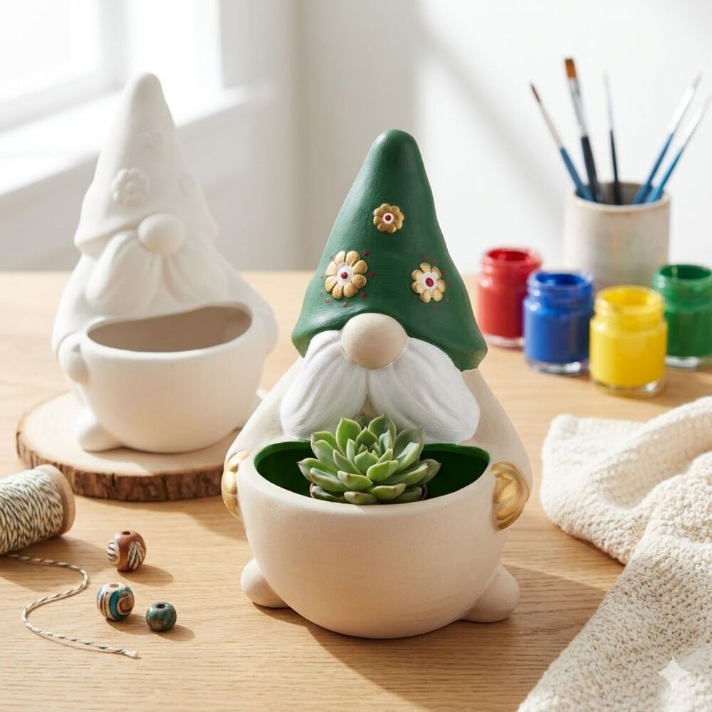 6" DIY Paintable Ceramic Gnome Planter - Succulent Pot & Garden Decor